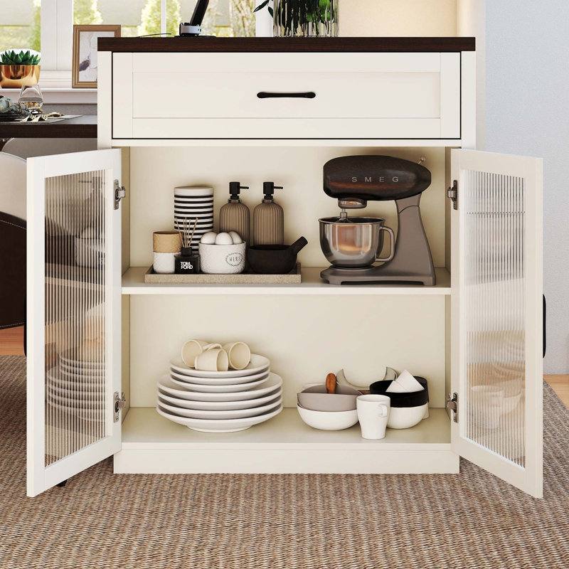 83.1'' Extendable Kitchen Island With Slide Out Table And Storage Racks For 2-6 Person,Kitchen Island With Tempered Glass Doors,Walnut Woodgrain Dining Table,Power Outlet,Bar,Prep Station(Cream White)