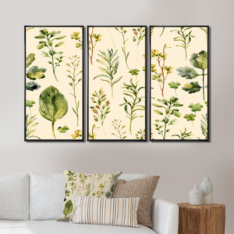 «Meadow Weeds And Herbs II», peinture sur toile 3 pièces, H 28 po x l 36 po, Cadre noir