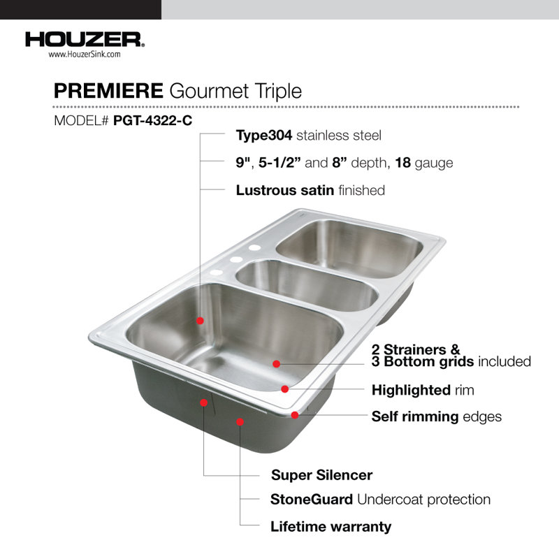 Houzer 41 in Stainless Topmount 4-hole Triple Bowl Kitchen Sink with Strainer and Grids - PGT-4322-C