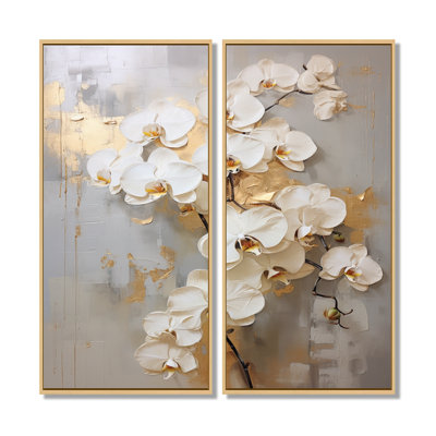 Minimalisme beige et orchidées dorées - orchidées murales, ensemble d'art mural encadré floral beige