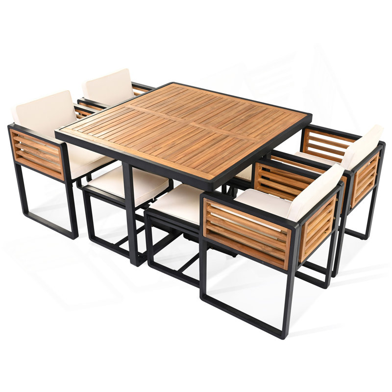 GO 9-Pieces Acacia Wood Patio Dining Set, Space Saving Outdoor Patio Set, 4 Cushioned Chairs & 4 Ottomans & 1 Square Table, For Backyard, Garden, Deck And Poolside, Beige