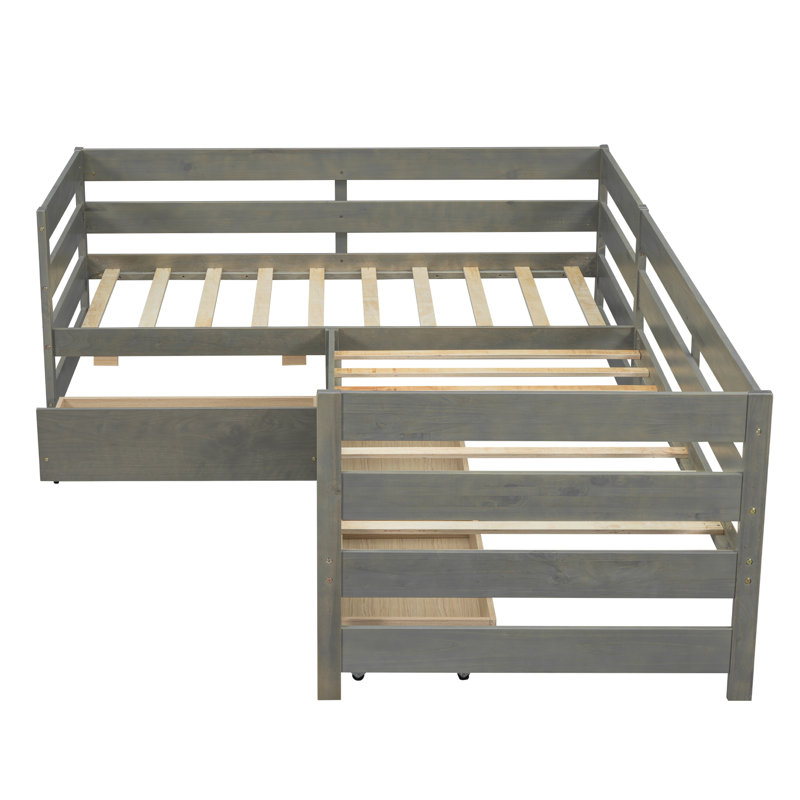 Lit plateforme simple en forme de L avec trois tiroirs de rangement, gris