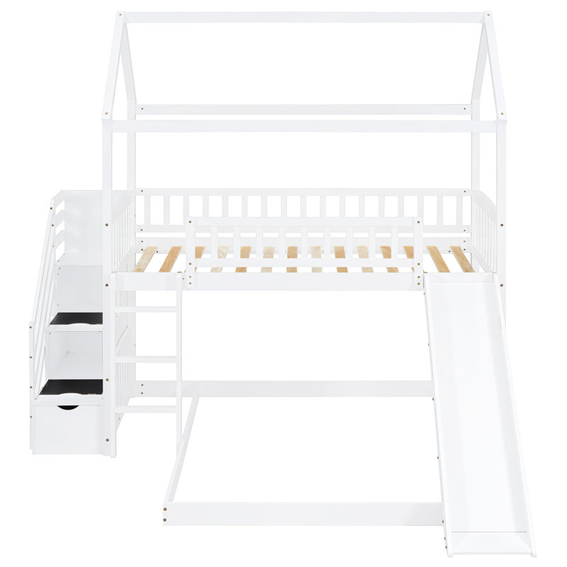 Space Efficient Bunk Bed With Slide - Twin Over Twin, White Theme House White, Relaxing, White