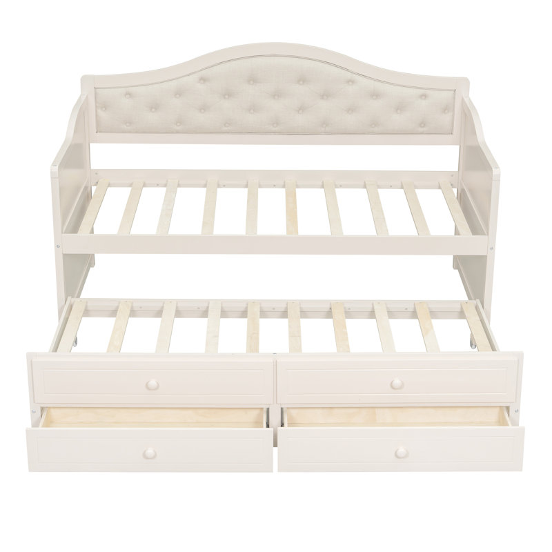 Twin Size 2 Drawers Daybed With Trundle And Upholstered Backrest, Beige