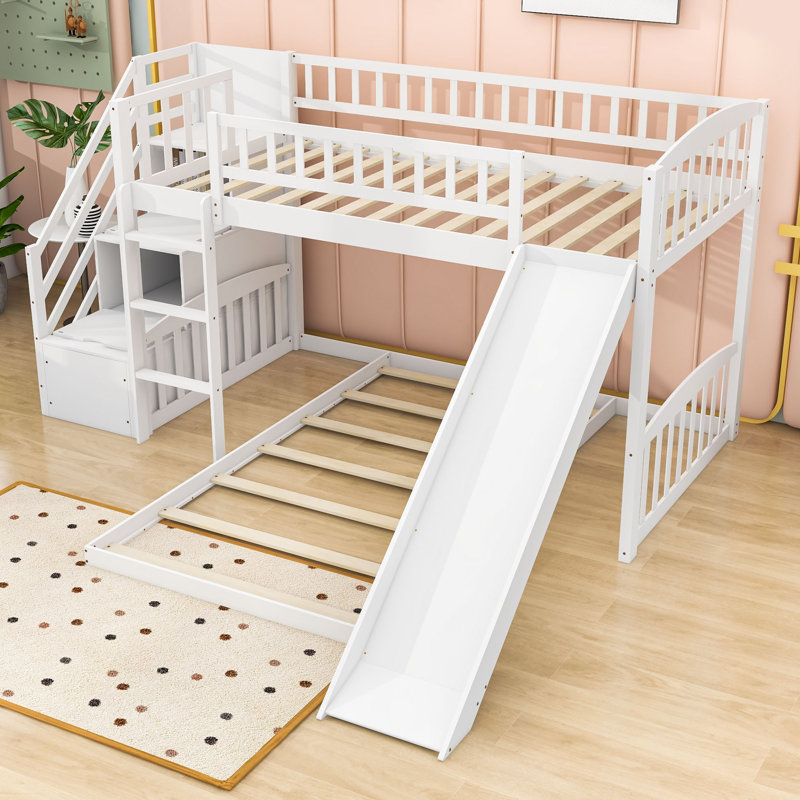 Twin Over Twin Wooden L-Shaped Bunk Beds with Slide and Storage, Gray
