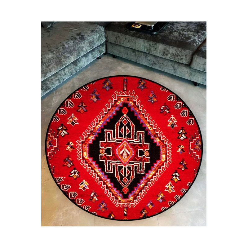 Red Theme Ethnic Motif Traditional Patterned Round Woven Base Vintage Decorative Carpet, Round 4'