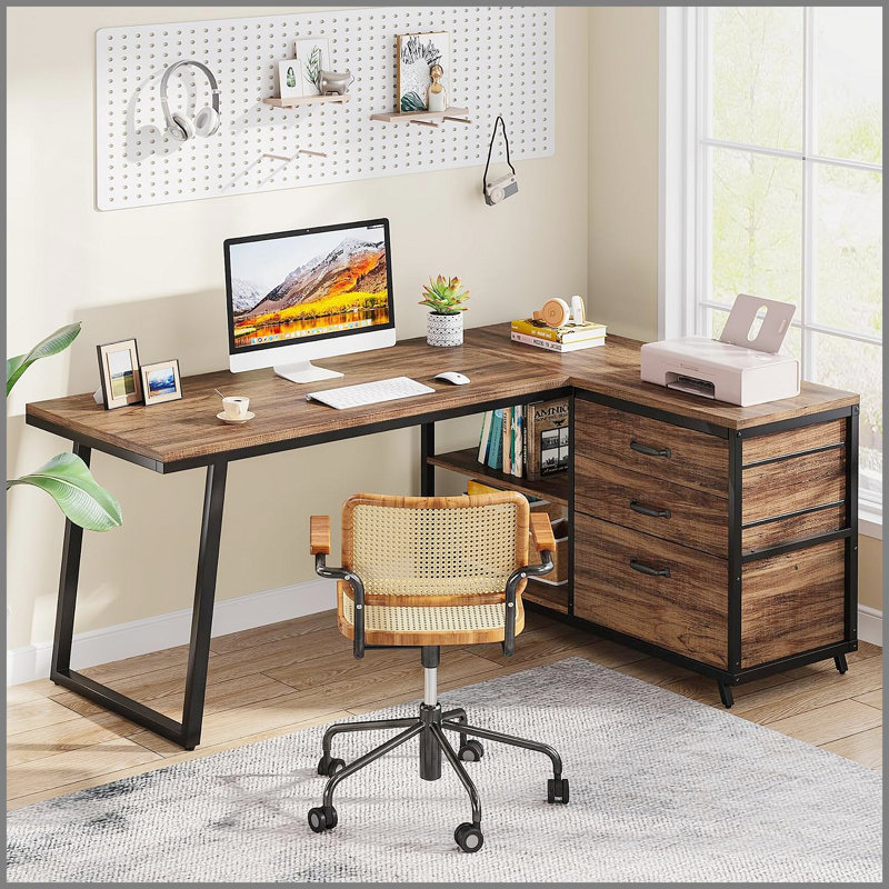 Bureau d'ordinateur en L réversible de 53 pouces avec 3 tiroirs et tablettes de rangement, poste de travail de coin industriel à domicile, conception compacte pour les petites pièces