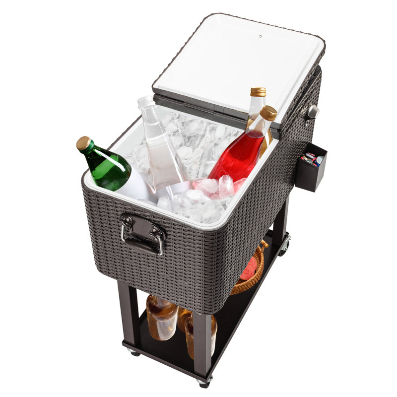 Chariot isotherme à roulettes de 80 pintes avec roulettes verrouillables, ouvre-bouteille intégré et bouchon de vidange, double refroidisseur de boissons chaudes et froides pour l'extérieur avec tablette de rangement inférieure