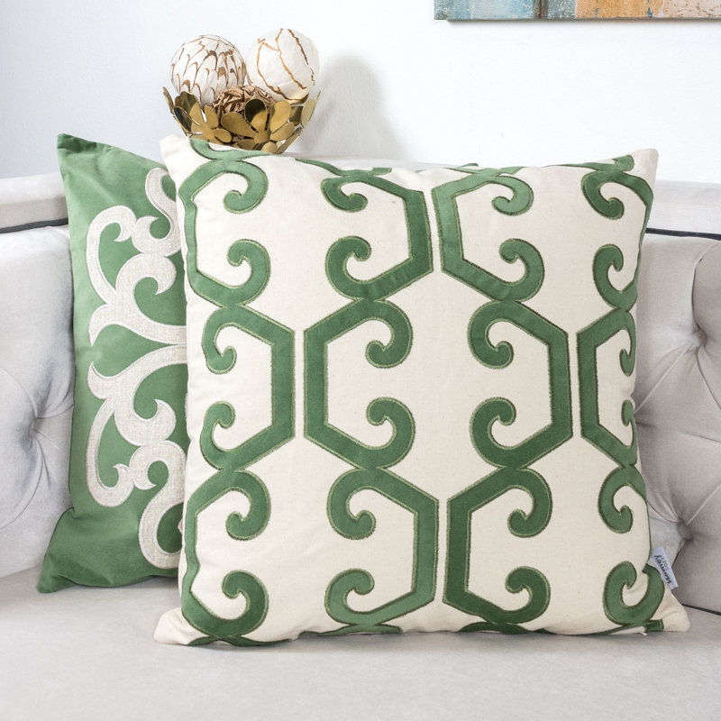  Applique Cotton Geometric Throw Pillow, Green/Ivory