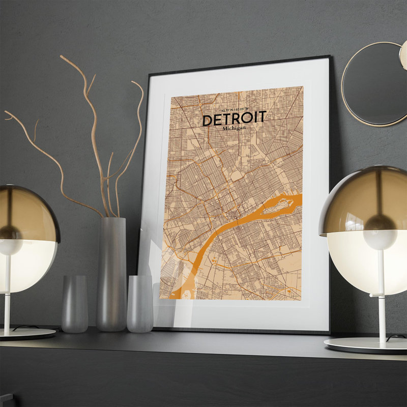 « detroit »-impression d’art graphique sans cadre sur papier, H 17 po x l 11 po x P 0,05 po
