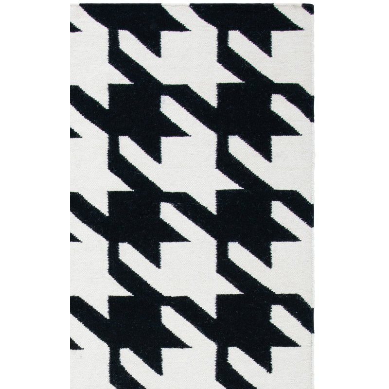 Dhurries Hand Woven Flat Weave Wool/Cotton Houndstooth Rug in Black/Ivory, Rectangle 4' x 6'