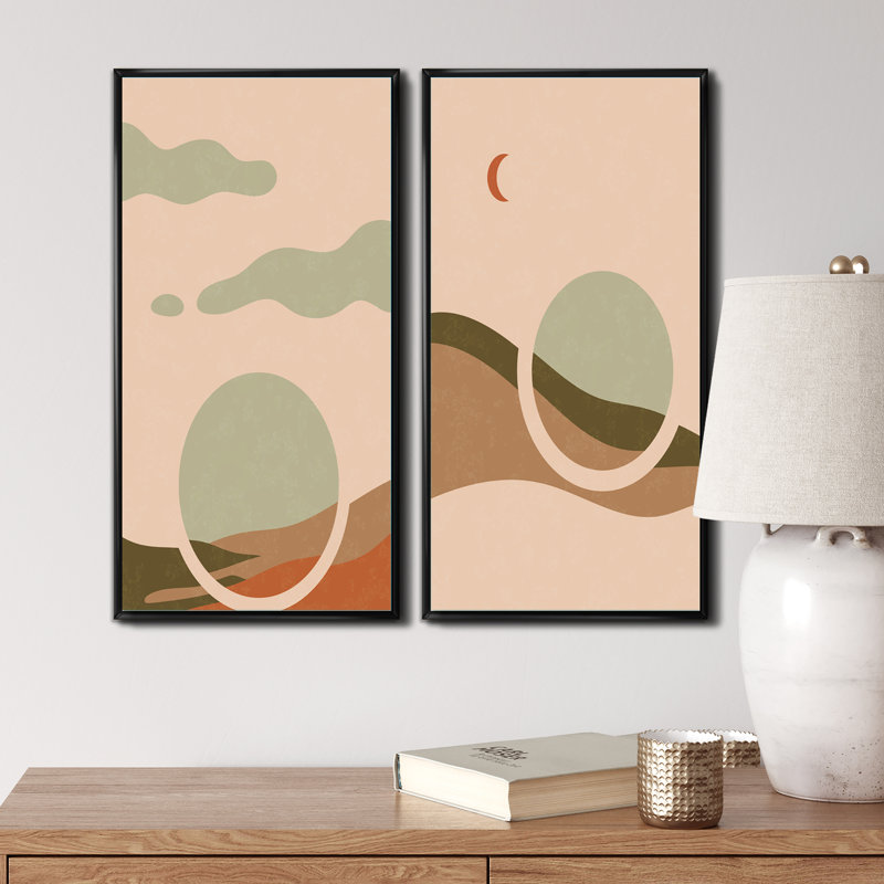 «Retro Sunrise Landscape with Moon I», ensemble de 2 impressions, H 20 po x l 24 po x P 1 po, Toile avec cadre noir