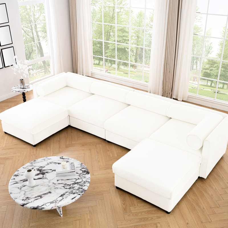 Canapé modulaire en U avec rangement - chenille blanche, assise profonde, cylindrique ergonomique et convertible en chenille fonctionnelle
