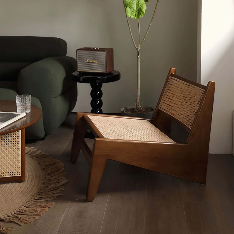Chaise d'appoint moderne Mid-Century, méridienne en rotin pour le salon, fauteuil en bois de coin Boho pour chambre à coucher et balcon, noyer