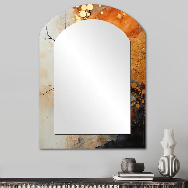 Or gris rustique Reflections I - miroir mural en arc abstrait Collages, miroir décoratif asymétrique moderne, impression d'art en métal