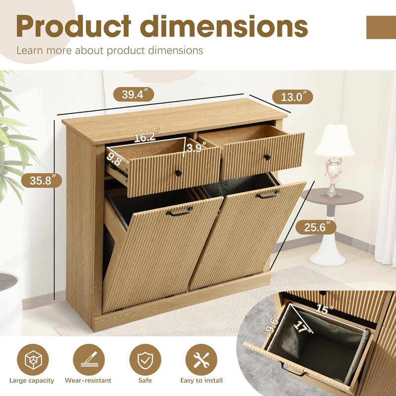 Tilt-Out Fluted Laundry Hamper Cabinet, Original Wood