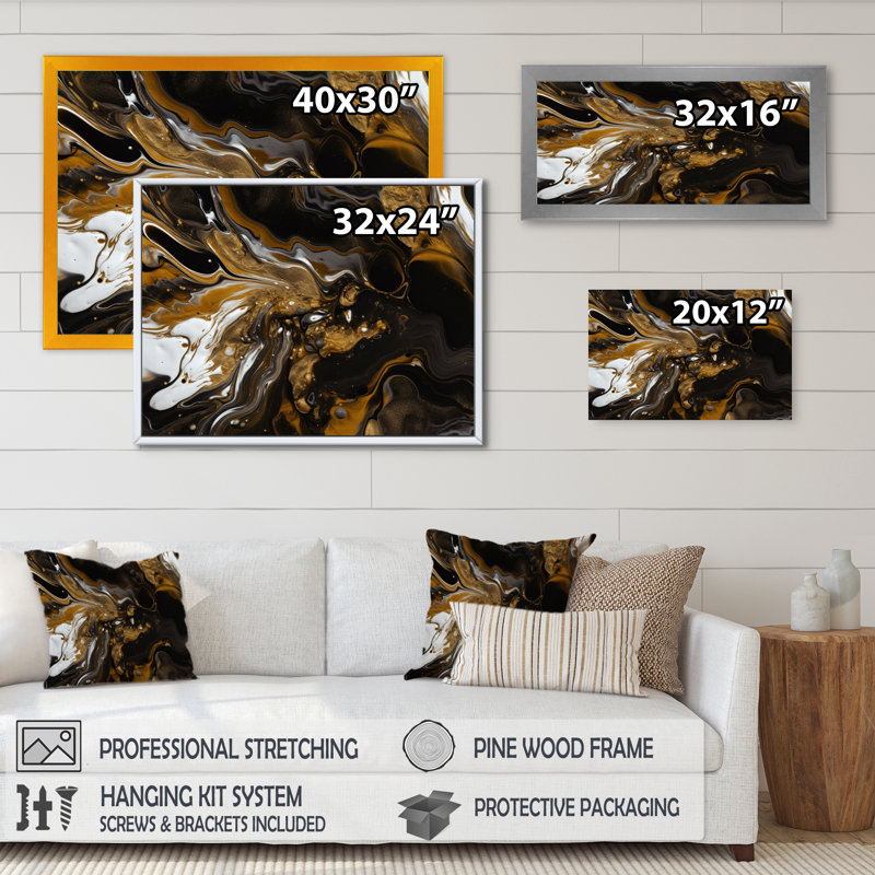 Reproduction sur toile encadrée dorée et marbrée noire Dreamscape III, Cadre doré simple, H 24 po x l 32 po x P 1 po