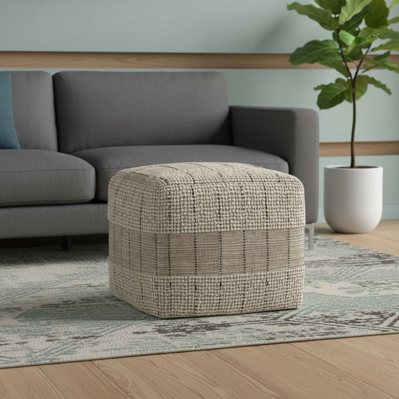 Pouf ottoman géométrique en jute et coton gris et beige de 45 cm