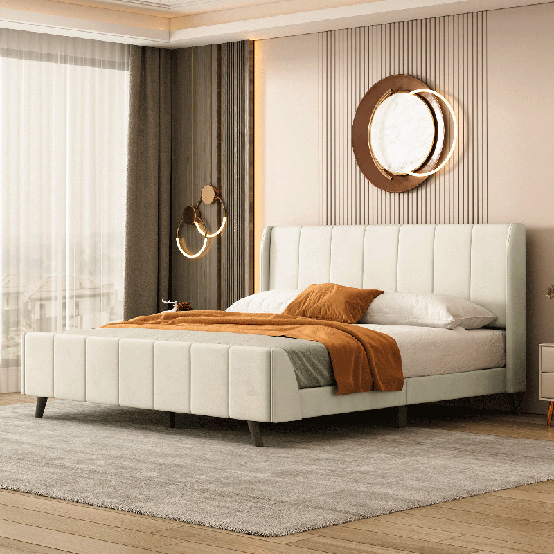 Lit plateforme tapissier taille, velours, Beige, Grand lit