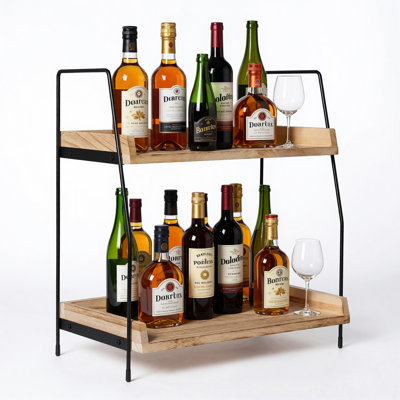 2-Tier Natural Solid Wood & Black Metal Countertop Organizer, 15" H Vertical Storage Rack For Kitchen, Bathroom & Office