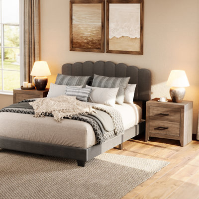 Ensemble de chambre à coucher 3 pièces: cadre de grand lit avec tête de lit et 2 tables de chevet - charme rustique