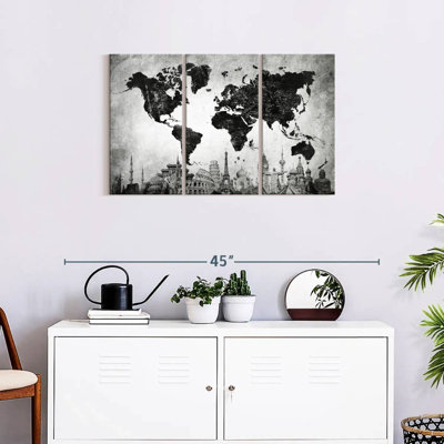 " Charcoal Black World Map " by Finnian P 3 - Pieces