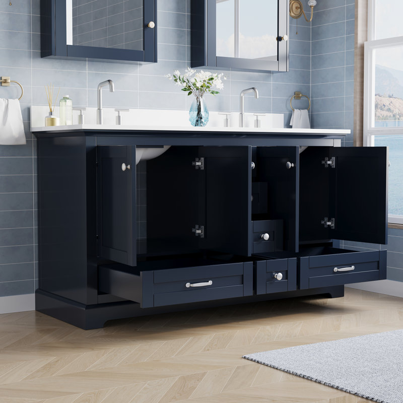 Meuble-lavabo de salle de bain en bois massif, 152 cm (L) x 87 cm (H), avec comptoir en marbre reconstitué blanc pur et double lavabo, bleu marine
