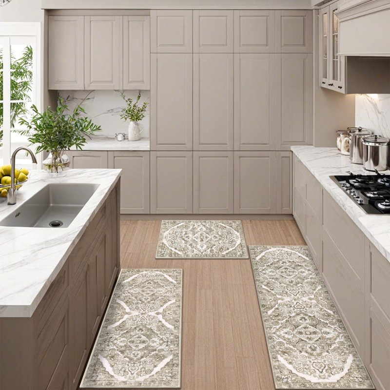 Tapis de cuisine antidérapant lavable à la machine, Beige / Blanc