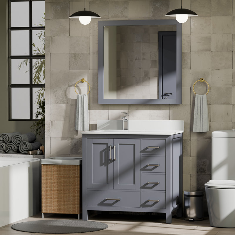 Jacques 36 in. W x 22 in. D Left Offset Bath Vanity and Top, Dark Gray, White Carrara Marble