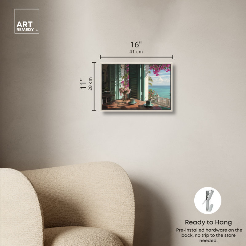 «Morning Coffee Ocean View», reproduction d'art sur toile encadrée par Art Remedy, cadre argenté, 15 x 10, Silver Frame