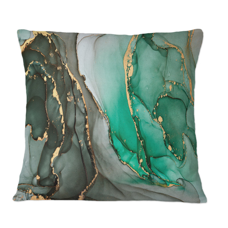 Turquoise et gris luxueux abstrait Art fluide I - Coussin décoratif imprimé moderne, 16 po x 16 po