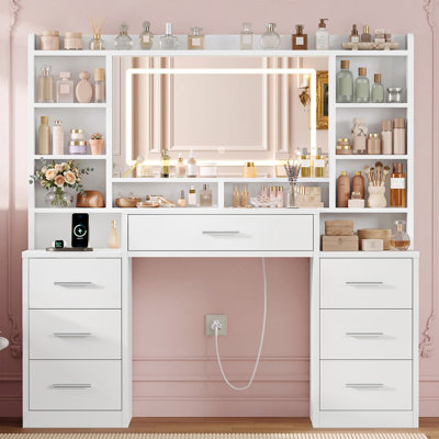 47"W Vanity Desk with LED Lighted Mirror & Power Outlet, Makeup Vanity Table with 7 Drawers and 7 Shelves, Makeup Table for Bedroom, White