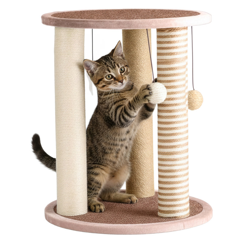 Tour à chat à griffer pour chats d'intérieur, 3 grattoirs à corde en sisal avec base et perchoir recouverts de tapis, jouets suspendus, centre d'activité pour chat et chatons de petite à moyenne taille par PETMAKER (brun clair)