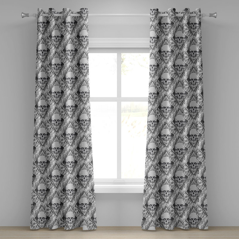 Rideau à œillets Latitude Run® avec têtes de squelette gothiques et fleurs blanc gris anthracite, L 50 po x L 108 po