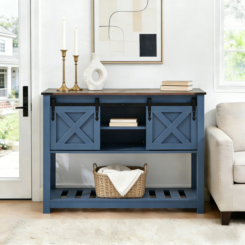 Entryway Table with Storage Shelf, Sliding Barn Doors Console Table for Living Room Hallway, Brun foncé / Bleu