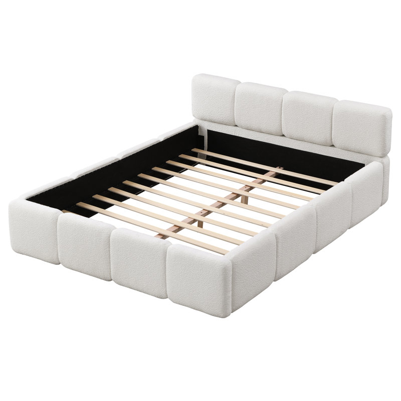 Upholstered Platform Bed With Plush Headboard & Footboard, Queen, White Boucle