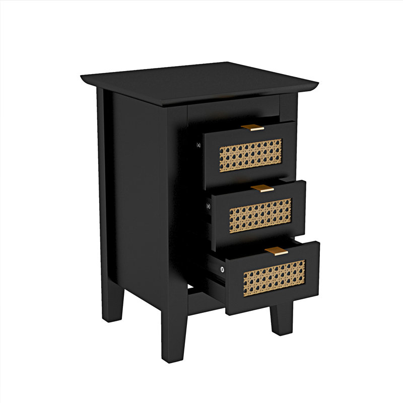 Ensemble de lit plateforme en bois 3 pièces avec tête de lit en rotin naturel, Double, Noir