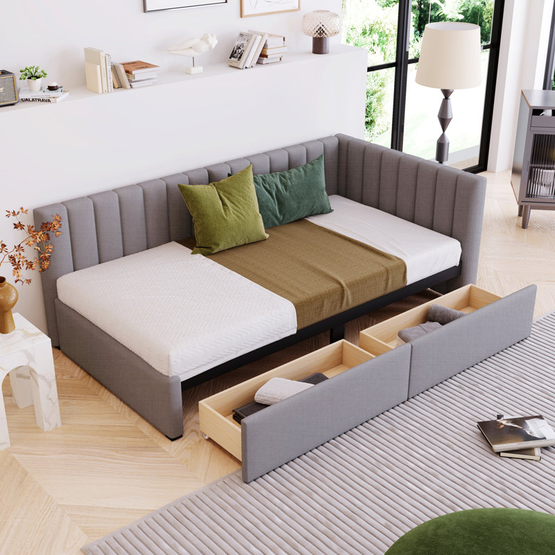 Lit de jour rembourré avec 2 tiroirs de rangement, cadre de lit pour la maison, Gris