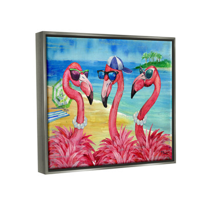 «Flamingo Friends Tropical Island Coast» par Paul Brent - cadre flottant, impression sur toile