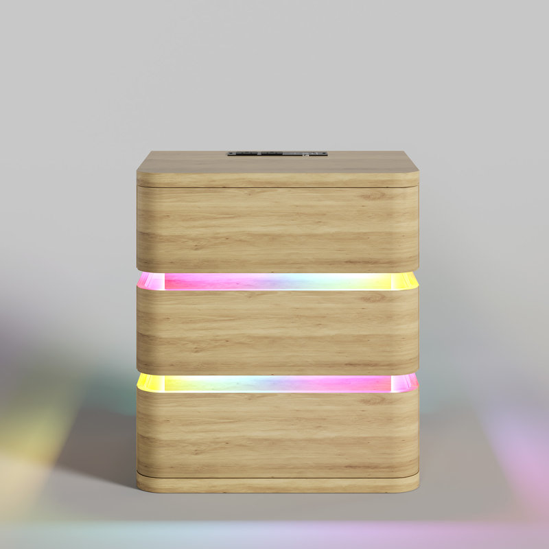 Fully Assembled 3-Drawer Nightstand with Charging Station and Motion Sensor RGB Light, Curved Profil, Natural