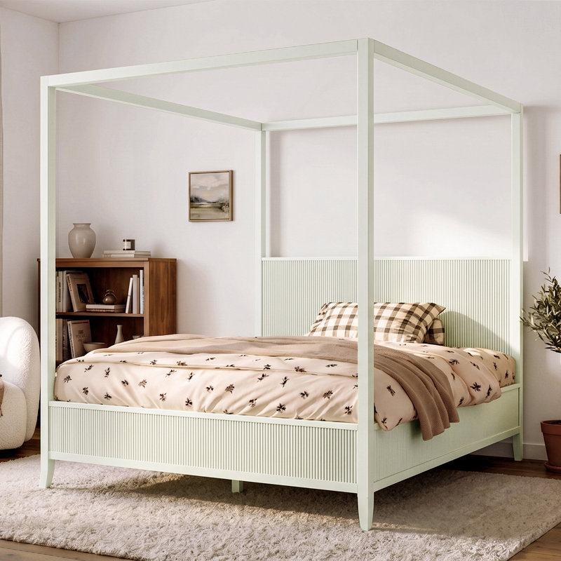 Queen size Wooden Canopy Platform Bed, Solid Wood Four-Poster Bed with Fluted Headboard, Support Slats, No Box Spring,Beige