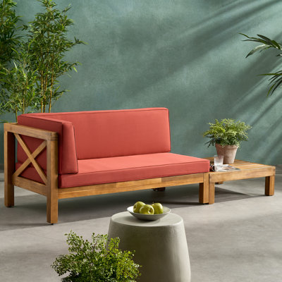 Seana Outdoor Acacia Wood Loveseat And Coffee Table Set With Cushion