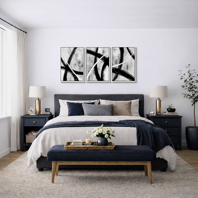 BAW "Black Grey White Geometric Paint Stroke, H 24 po x l 48 po x P 1,5 po, Blanc