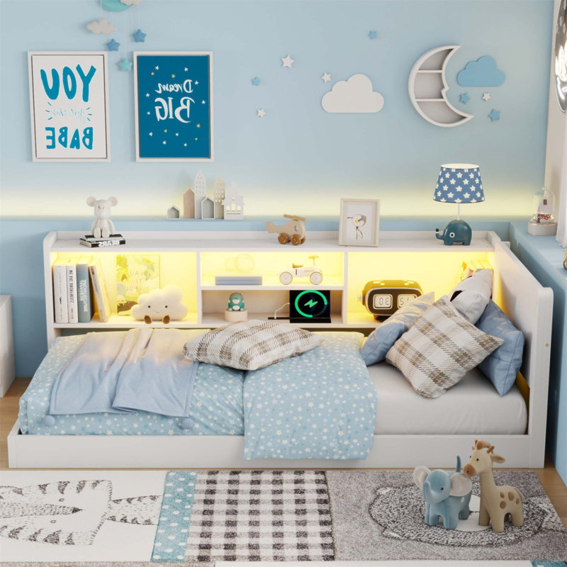 Base de lit en forme de L pour enfants, lit d'angle avec rangement latéral Montessori, station de charge et lumière DEL (sans matelas)