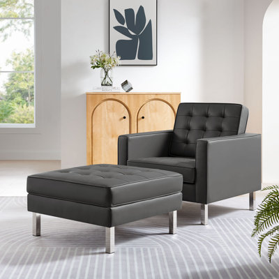 Loft Tufted Vegan Leather Armchair And Ottoman Set In Silver Grey