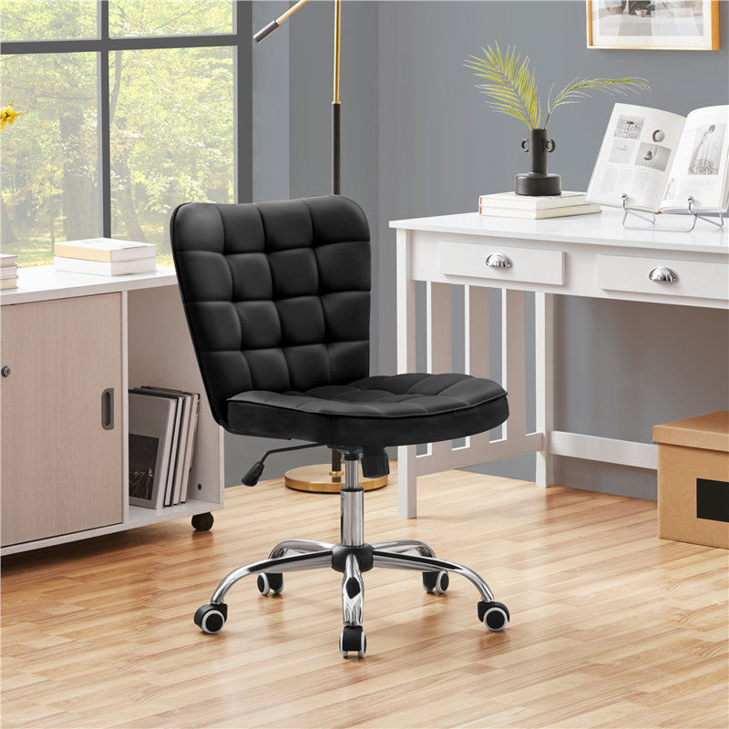 Modern Tufted Armless Leather Desk Chair, Black
