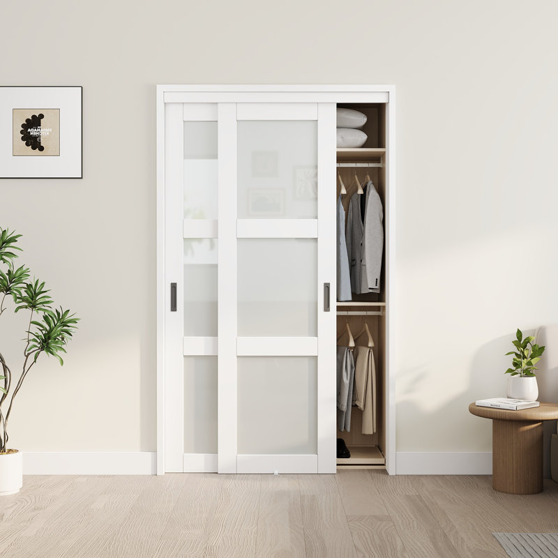 Portes de garde-robe coulissantes 80 "à verres givrés 80" avec quincaillerie et poignées, 48 po x 80 po, Black