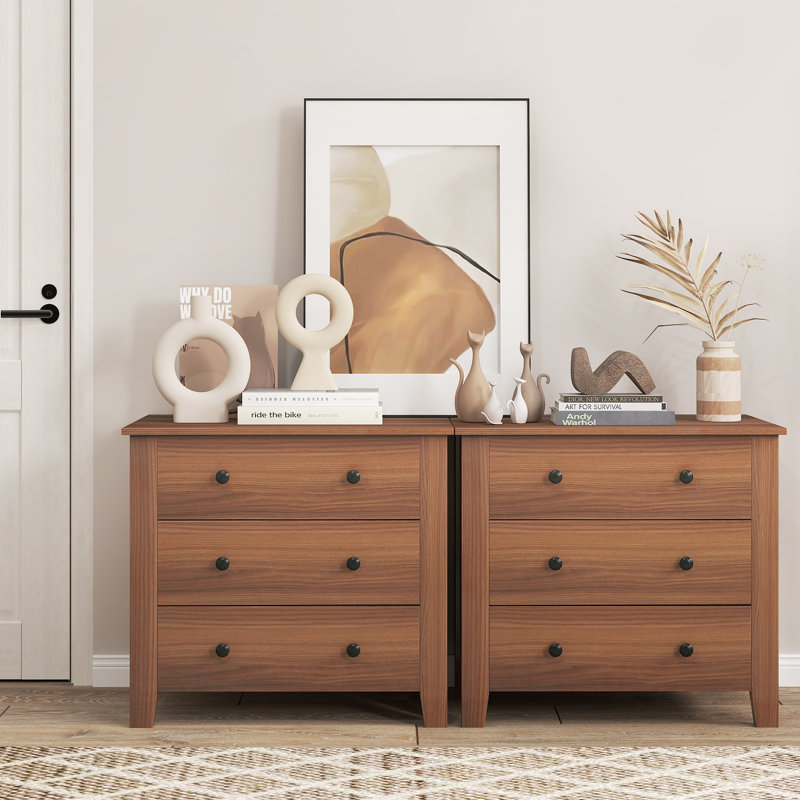 Commode 3 tiroirs avec poignées pratiques, Brun