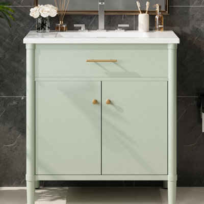 Meuble-lavabo de 31 po avec lavabo, profil incurvé pour une salle de bain invitante, charnières à fermeture en douceur à fermeture en douceur, structure en bois d'hévéa avec pieds de 31 po, portes à fermeture douce, tablette réglable, pieds, espace, faux