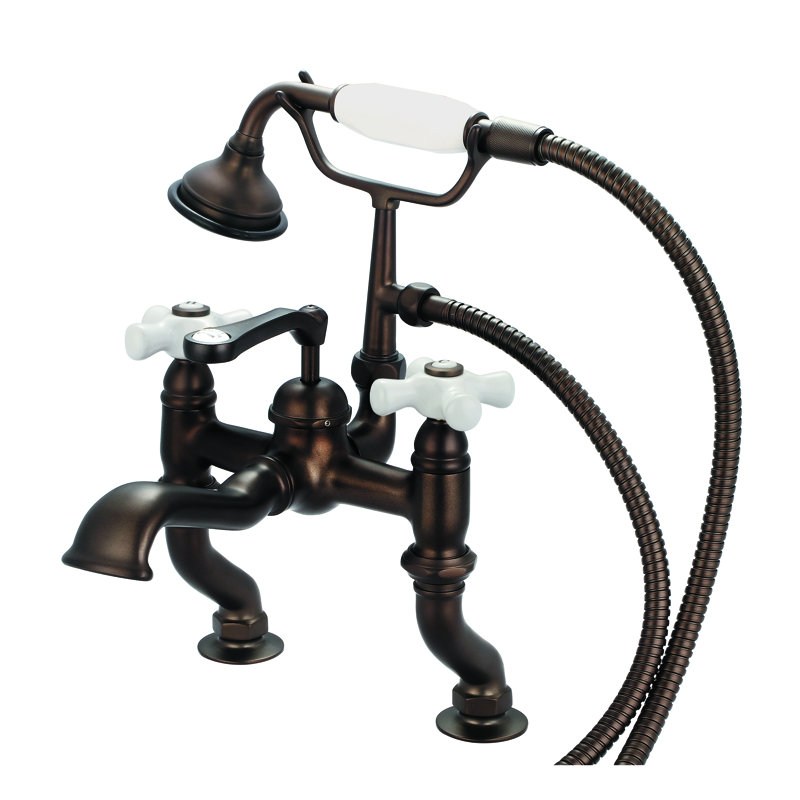 Stonington Deck Tub Spout, Porcelain Cross Handles, Oil Rubbed Bronze